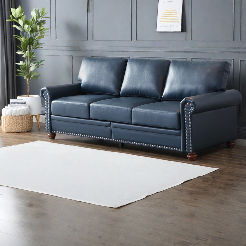 Latitude Run® Navy Blue Faux Leather Sofa With Storage, Modern